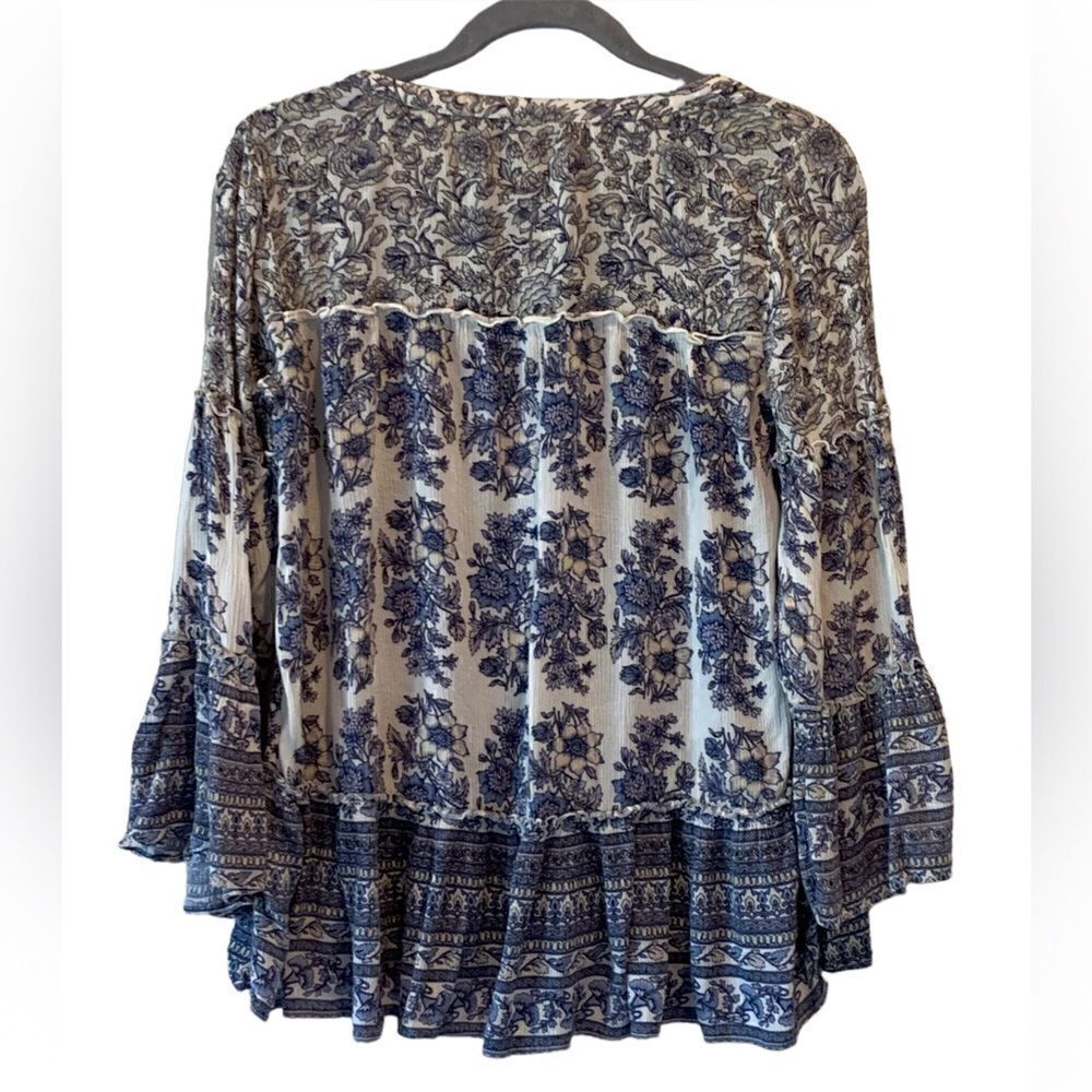 American Eagle Womens Blue White Floral Boho Long Sleeve Blouse Sz S/P